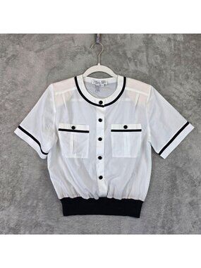 Vintage Laura & Jayne Top Womens 6 White Black Trim Short Sleeve Button Blouse